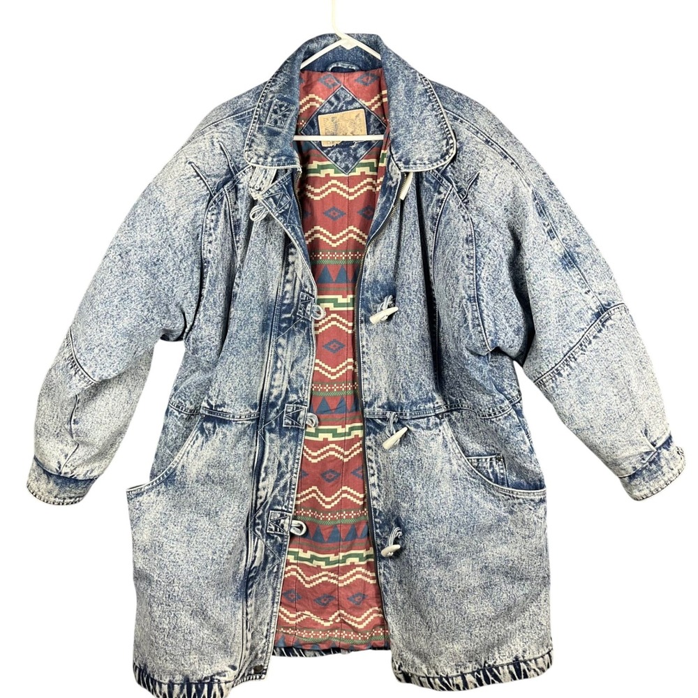 Vintage 80s British Mist Acid Wash Denim Jacket Aztec Lined Toggle Closure Women